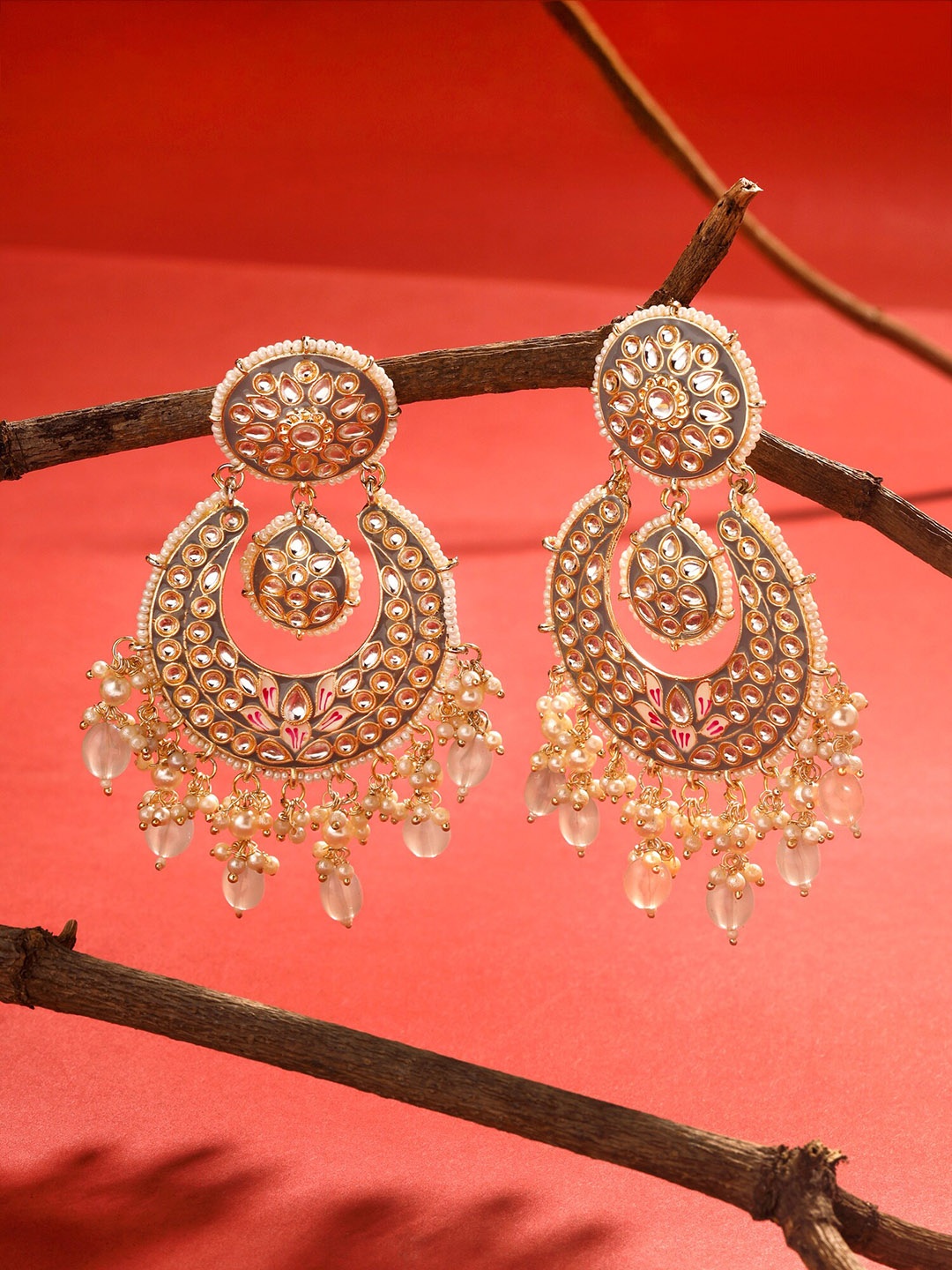 

Yellow Chimes Gold-Plated Crescent Shaped Chandbalis Earrings, Grey