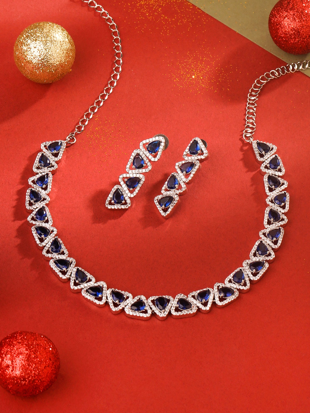 

Yellow Chimes Women Rhodium Plated American Diamond Studded Jewellery Set, White