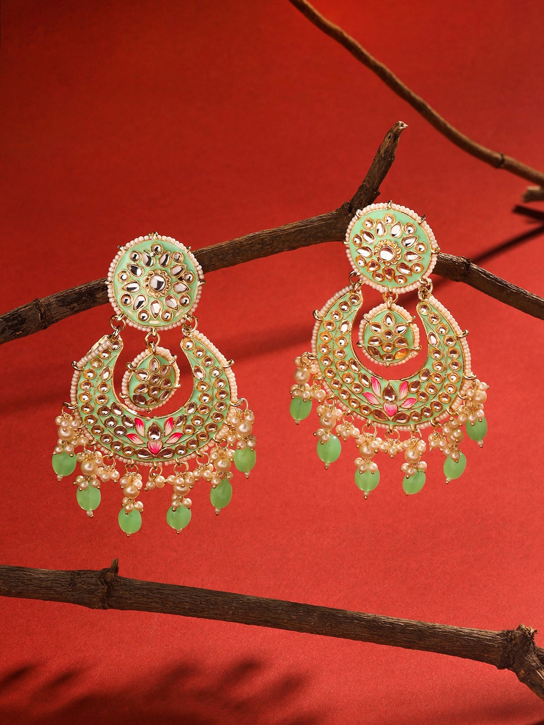 

Yellow Chimes Gold-Plated Crescent Shaped Chandbalis Earrings, Green