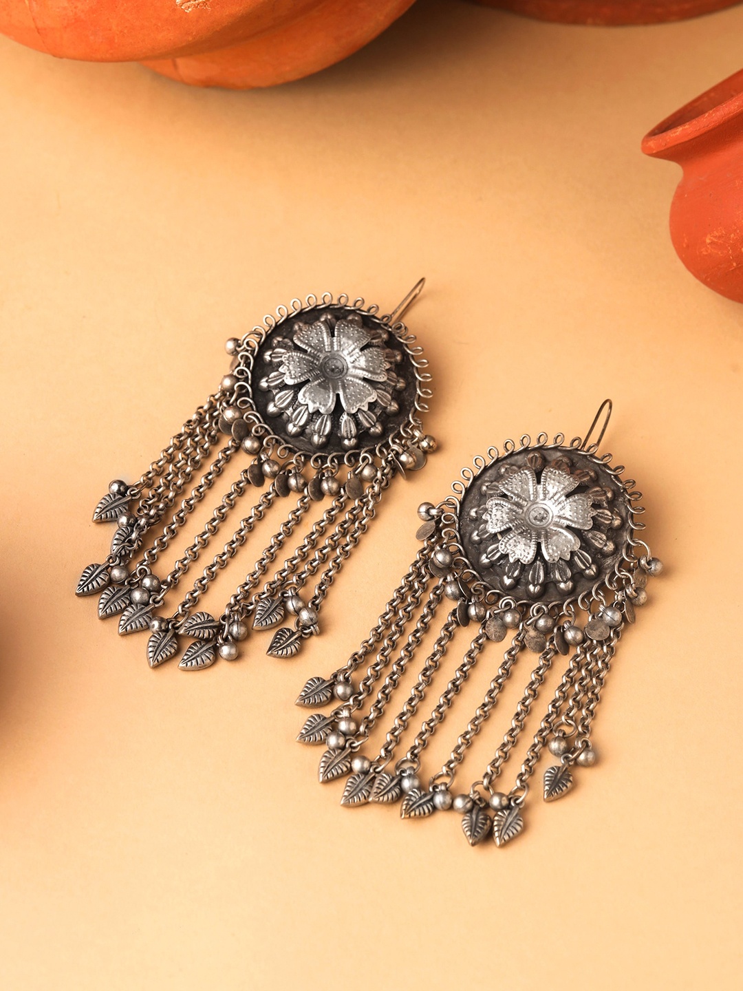 

Yellow Chimes Silver-Toned Oxidised Floral Design Dangler Earrings