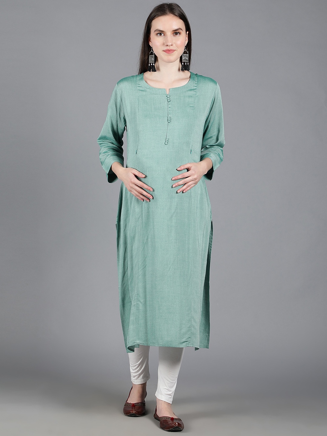 

NIGHTSPREE Maternity Straight Cotton Kurta, Green