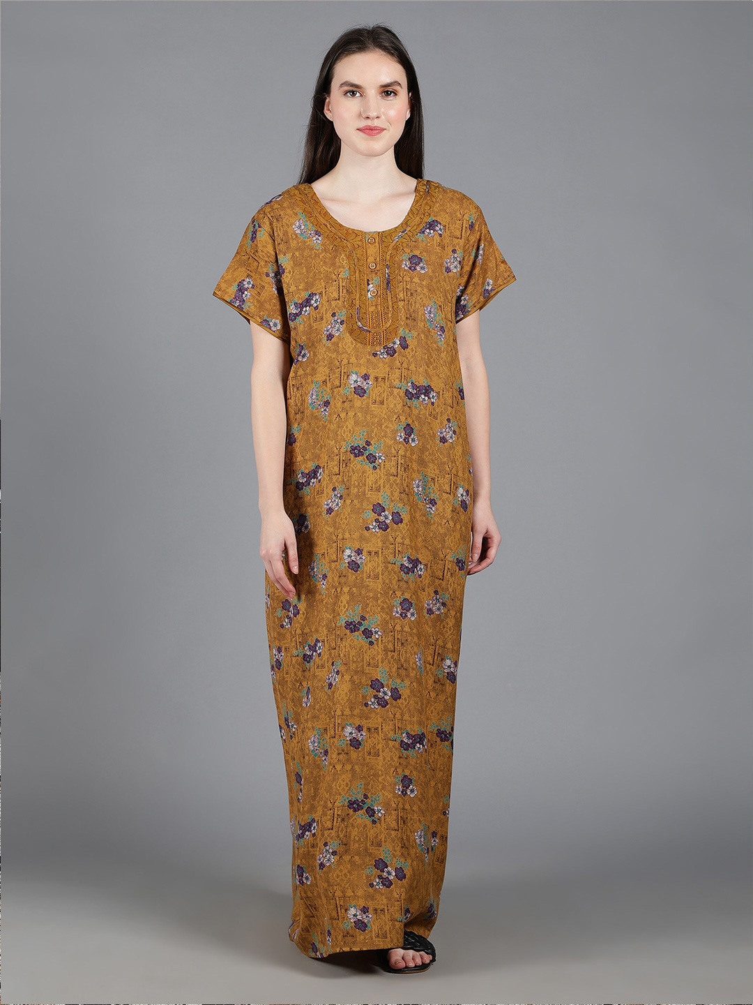 

NIGHTSPREE Women Printed Maxi Nightdress, Yellow