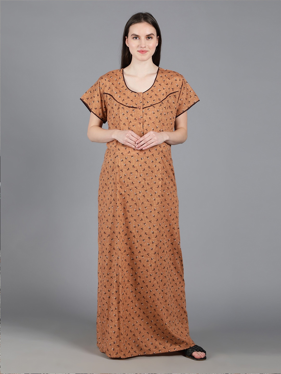

NIGHTSPREE Women Printed Maxi Nightdress, Peach