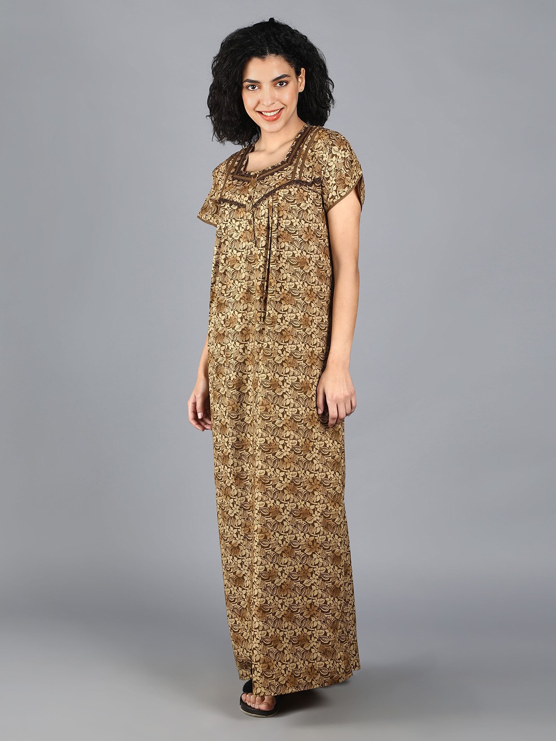 

NIGHTSPREE Women Printed Maxi Nightdress, Yellow