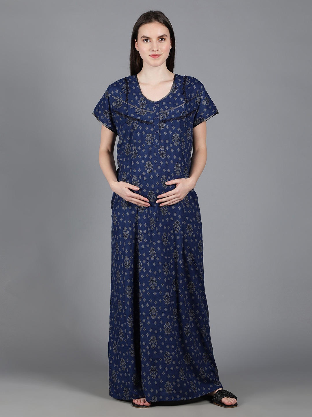 

NIGHTSPREE Women Printed Maxi Nightdress, Blue