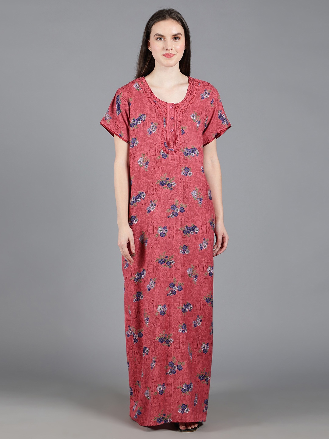 

NIGHTSPREE Women Printed Maxi Nightdress, Pink