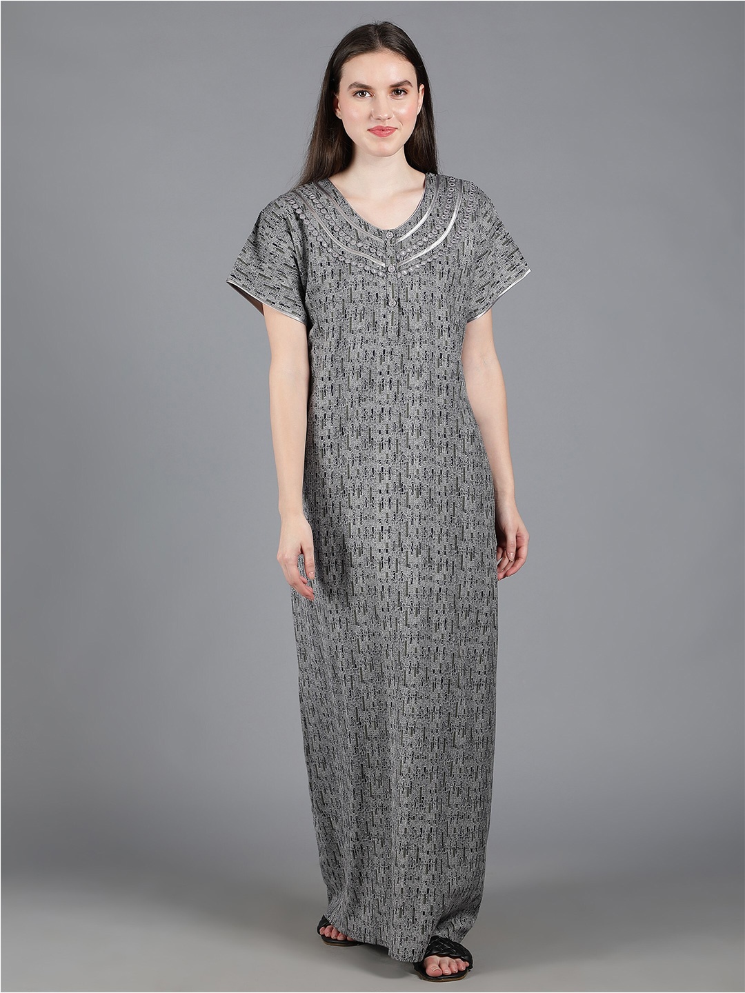 

NIGHTSPREE Women Printed Maxi Nightdress, Grey