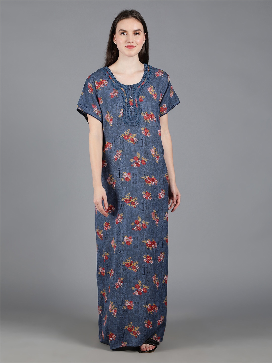 

NIGHTSPREE Women Printed Maxi Nightdress, Blue