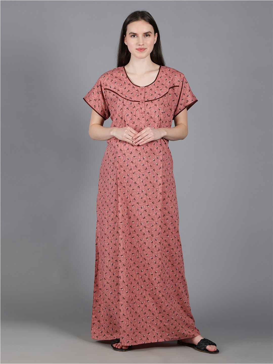 

NIGHTSPREE Women Printed Maxi Nightdress, Peach