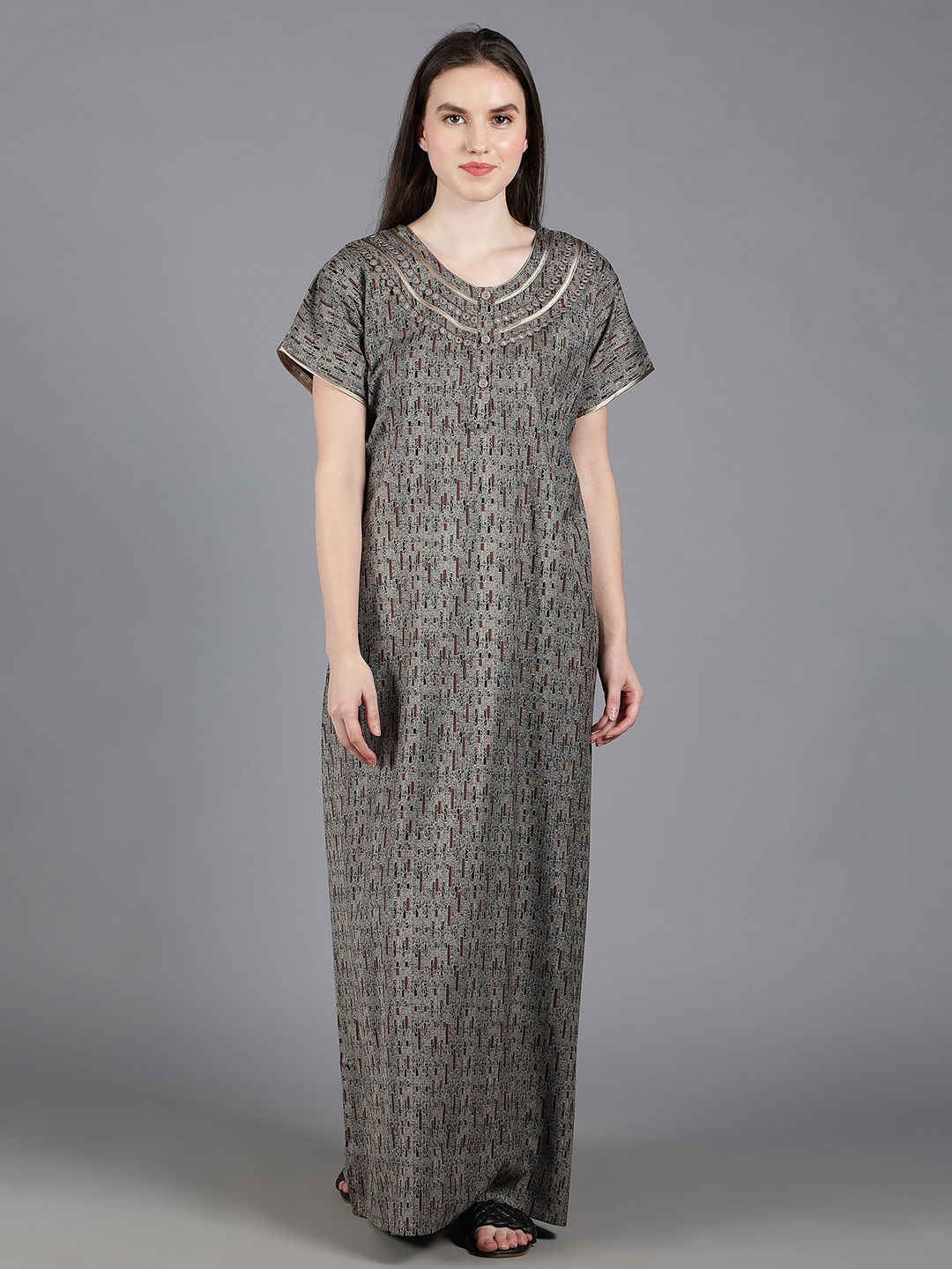 

NIGHTSPREE Women Printed Maxi Nightdress, Gold