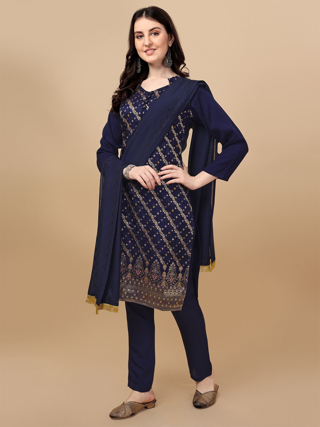 

JATRIQQ Pure Silk Kurta with Trousers & With Dupatta, Navy blue