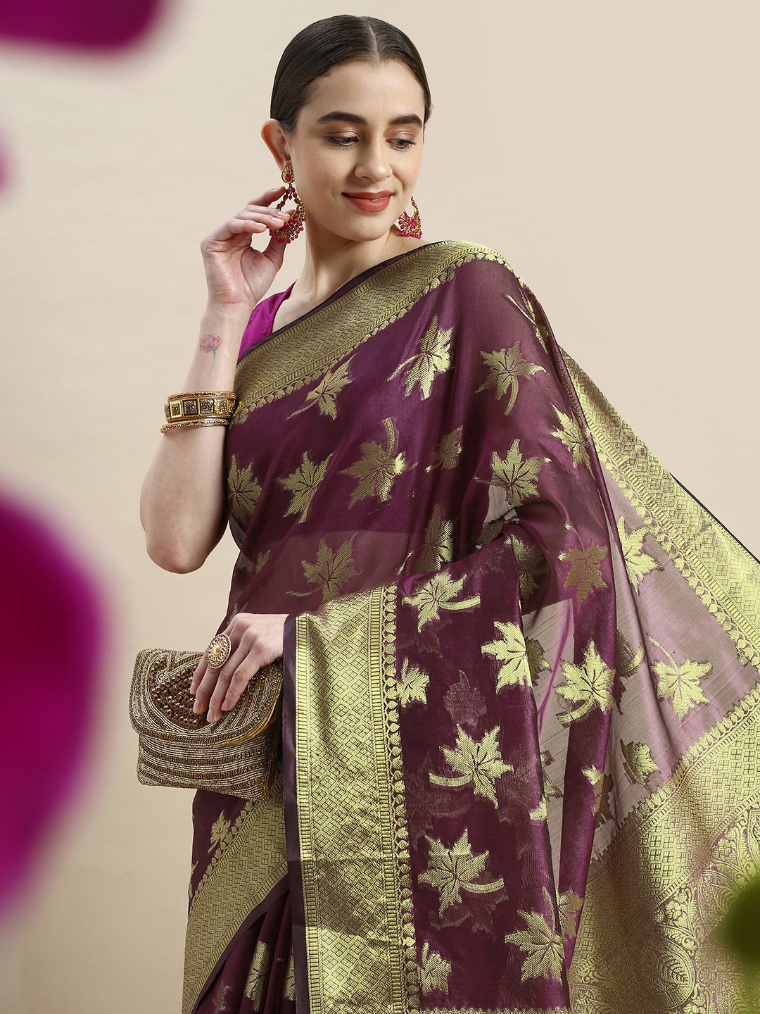 

Mitera Woven Design Ethnic Motifs Zari Organza Saree, Purple