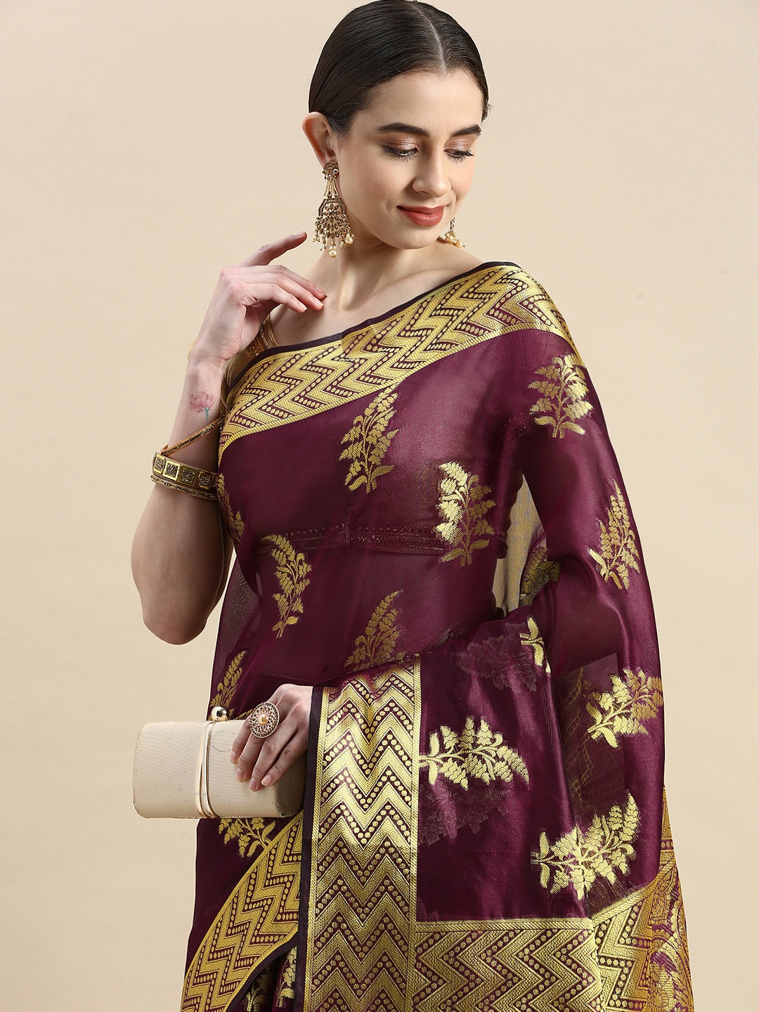 

Mitera Woven Design Ethnic Motifs Zari Organza Saree, Purple