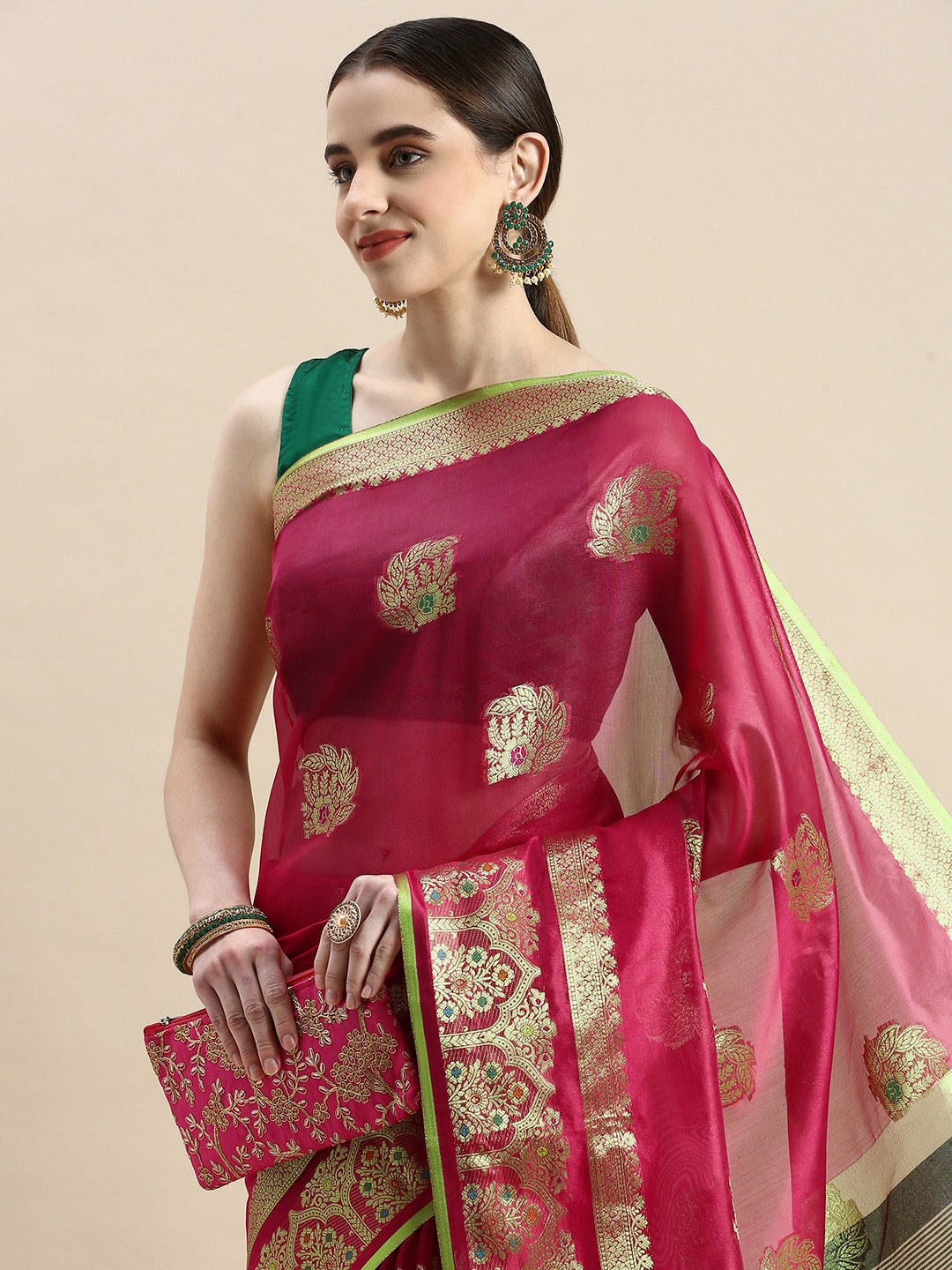 

Mitera Woven Design Ethnic Motifs Zari Organza Saree, Pink