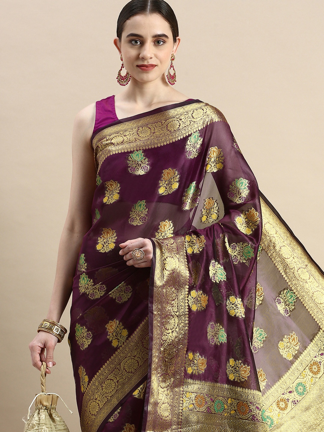 

Mitera Woven Design Ethnic Motifs Zari Organza Saree, Purple