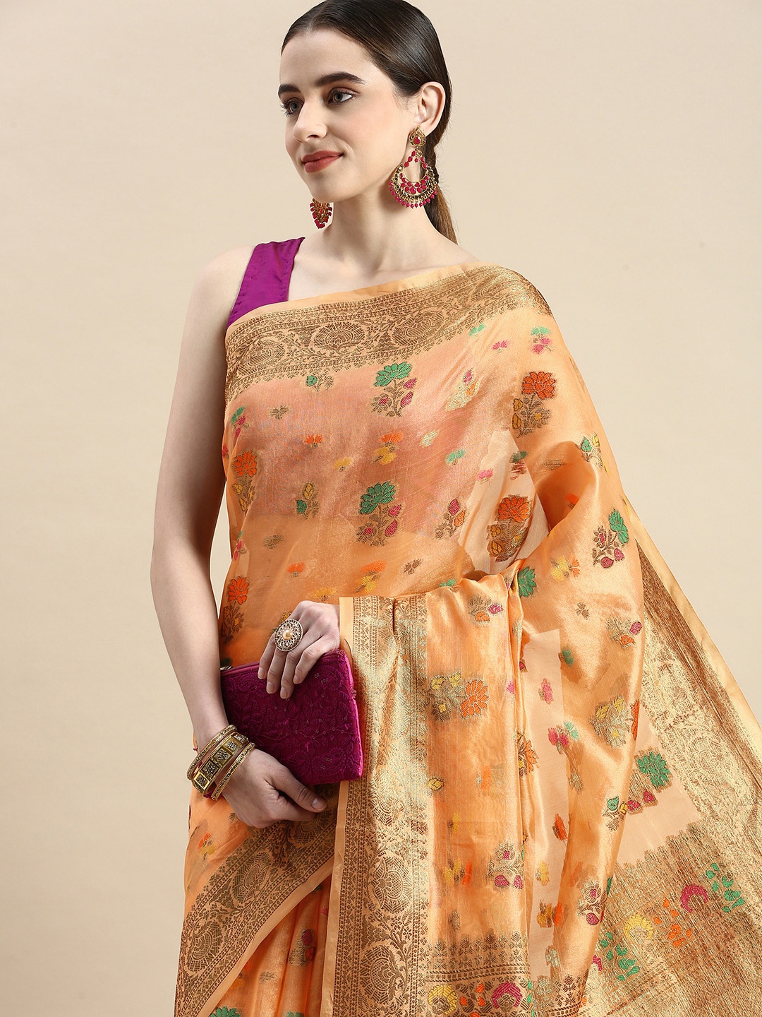

Mitera Woven Design Ethnic Motifs Zari Organza Saree, Peach