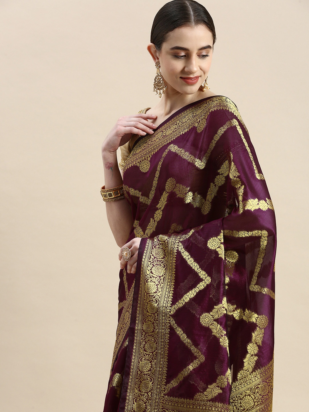 

Mitera Woven Design Ethnic Motifs Zari Organza Saree, Purple