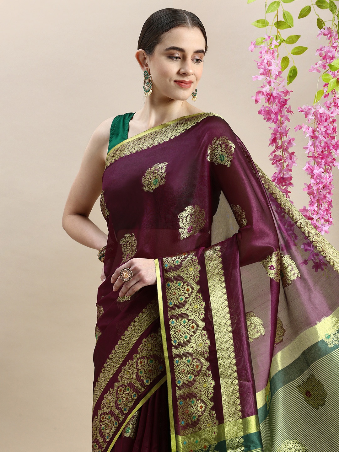 

Mitera Woven Design Ethnic Motifs Zari Organza Saree, Purple