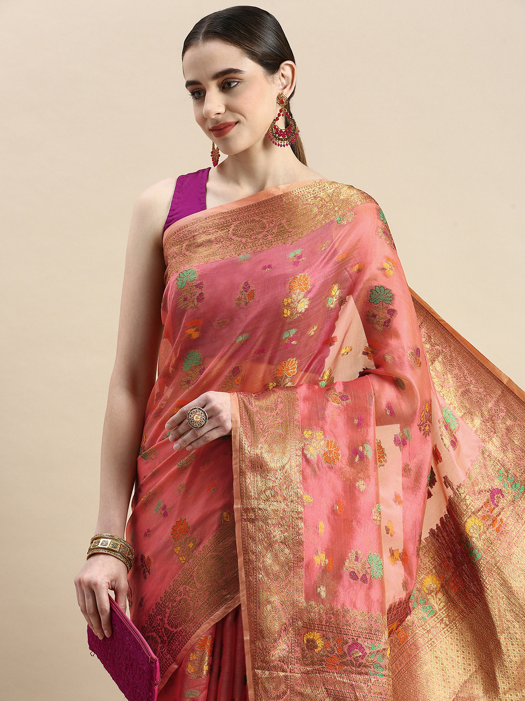

Mitera Woven Design Ethnic Motifs Zari Organza Saree, Pink