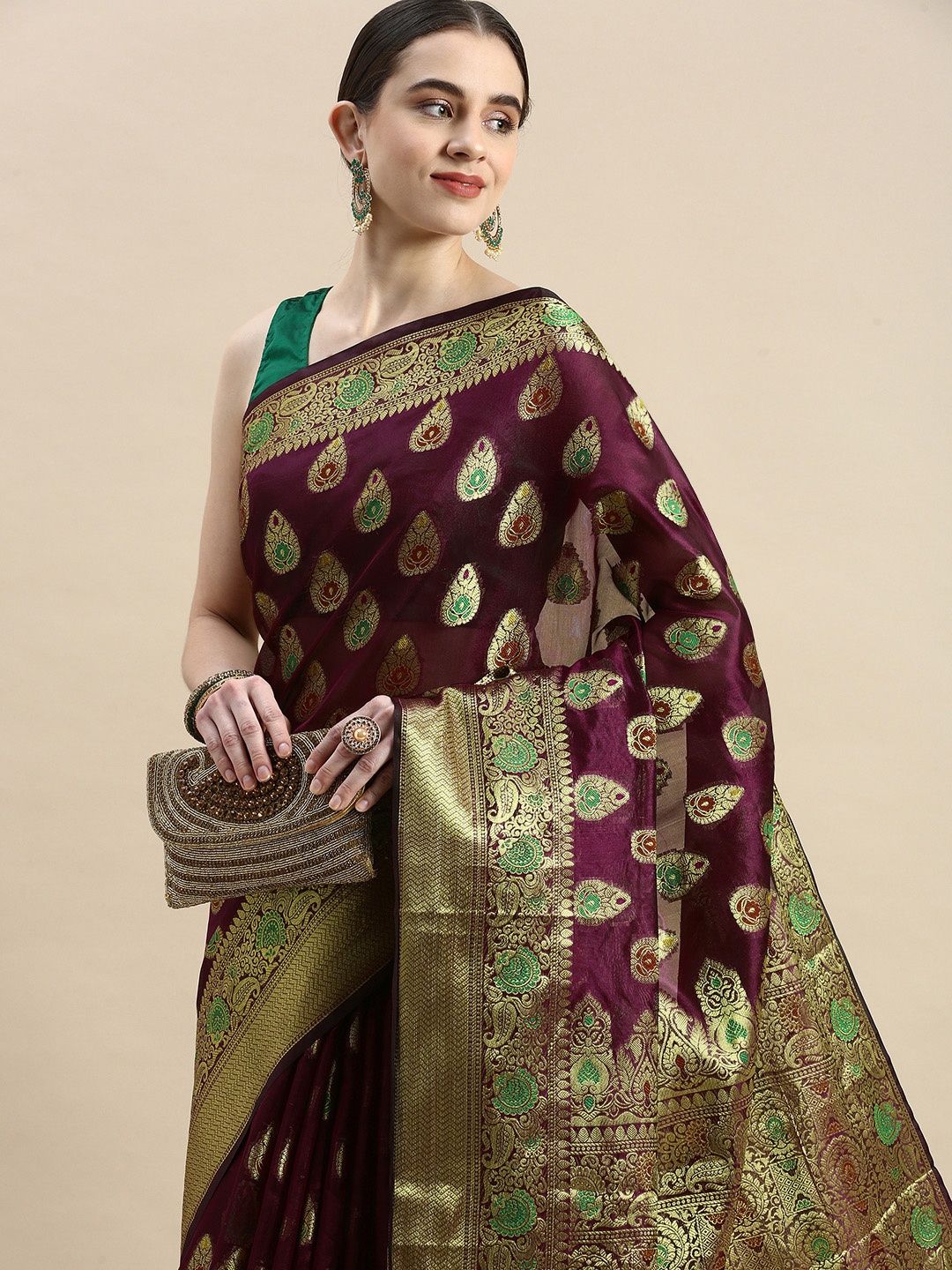 

Mitera Woven Design Ethnic Motifs Zari Organza Saree, Purple