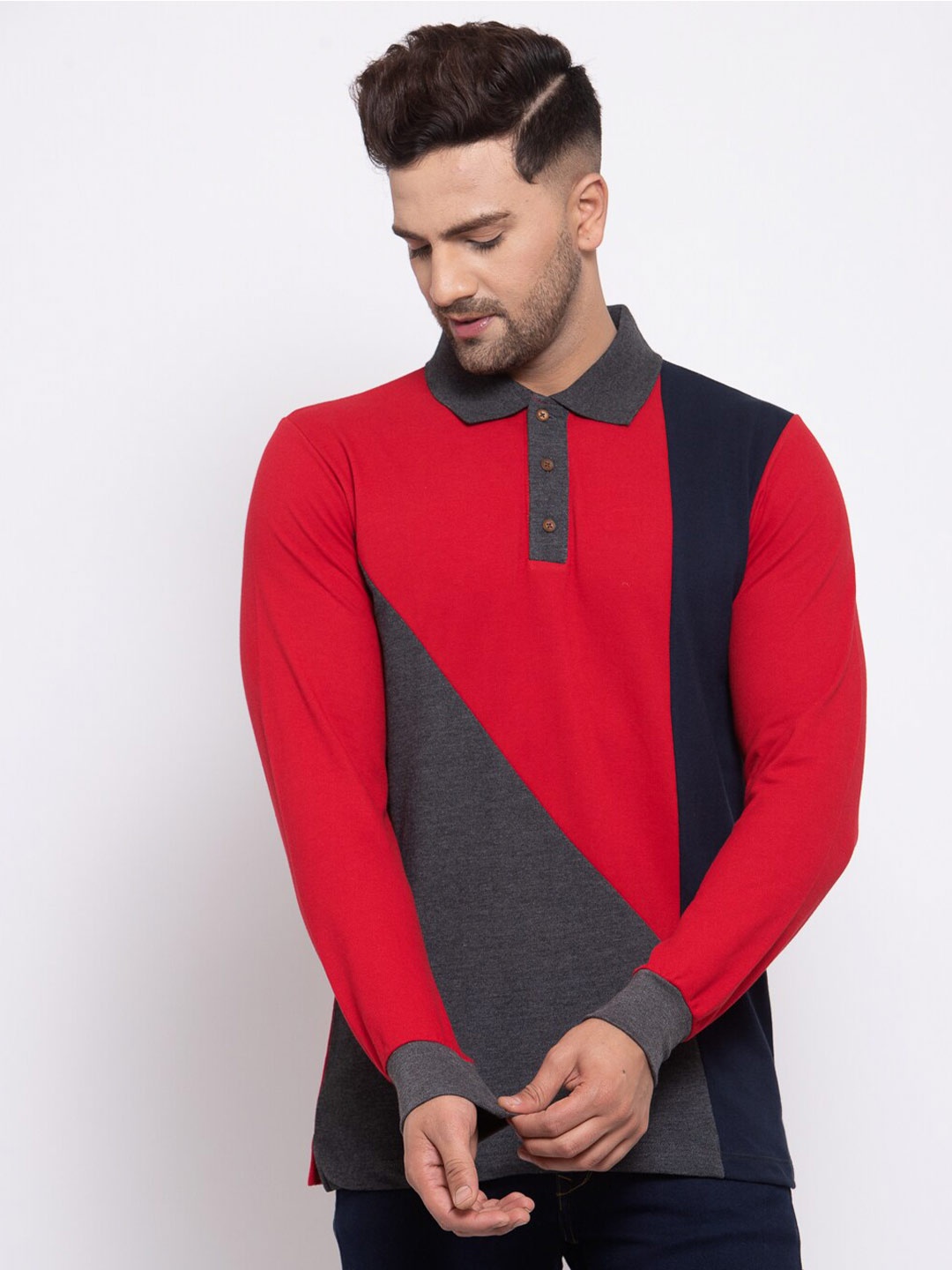 

Kalt Men Colourblocked Polo Collar Cotton T-shirt, Red