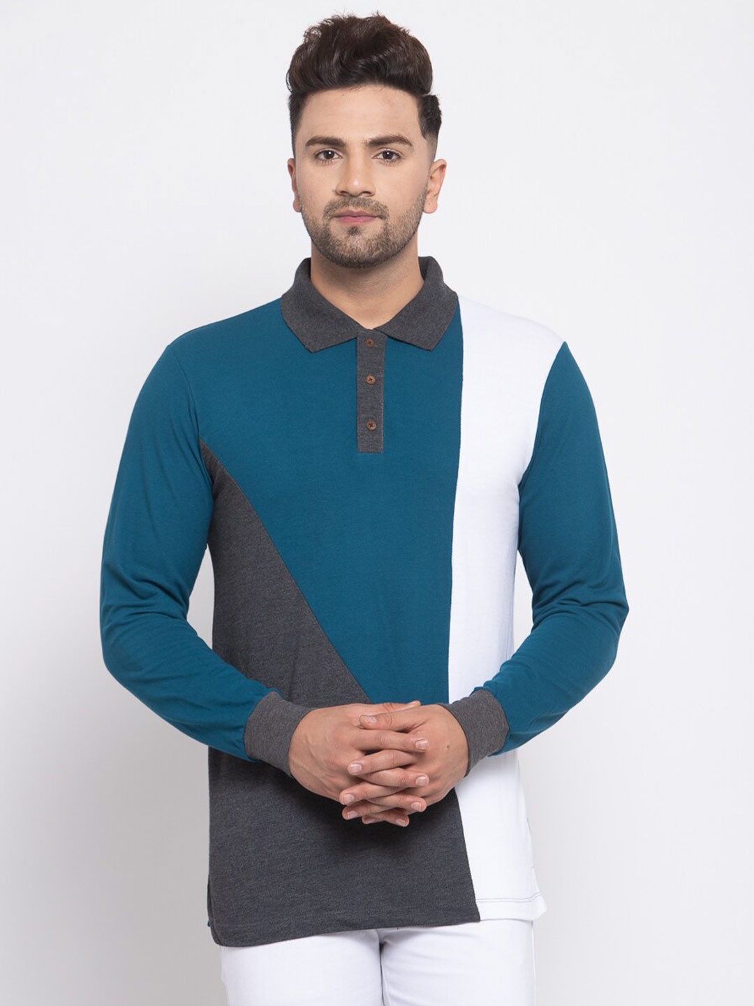 

Kalt Men Colourblocked Polo Collar Cotton T-shirt, Teal