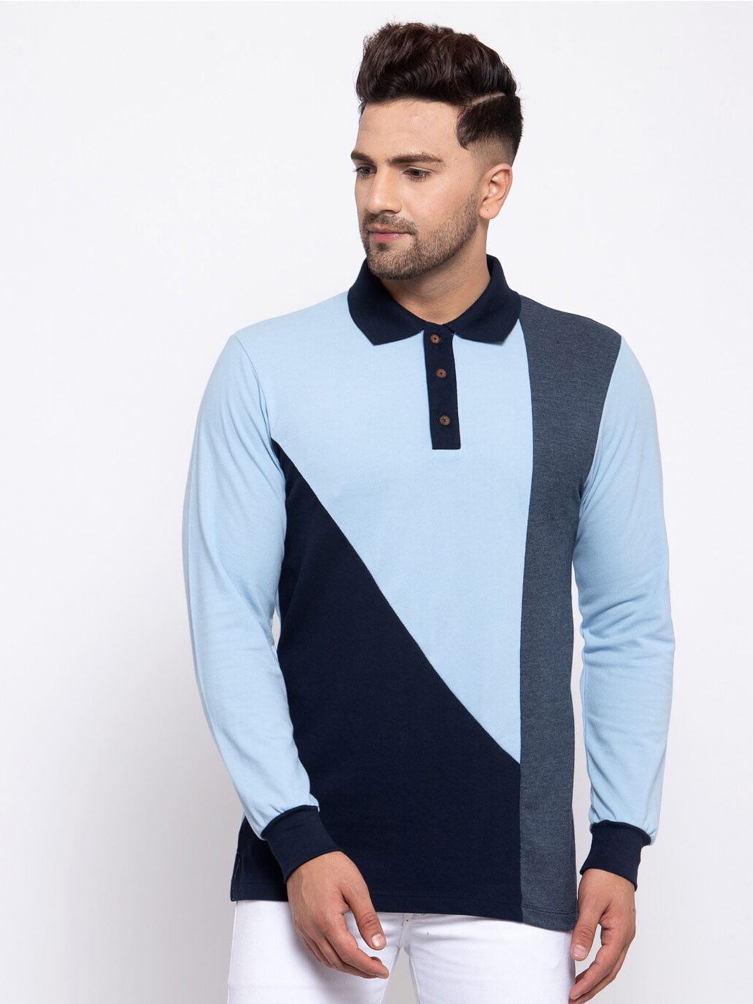 

Kalt Men Colourblocked Polo Collar Cotton T-shirt, Blue