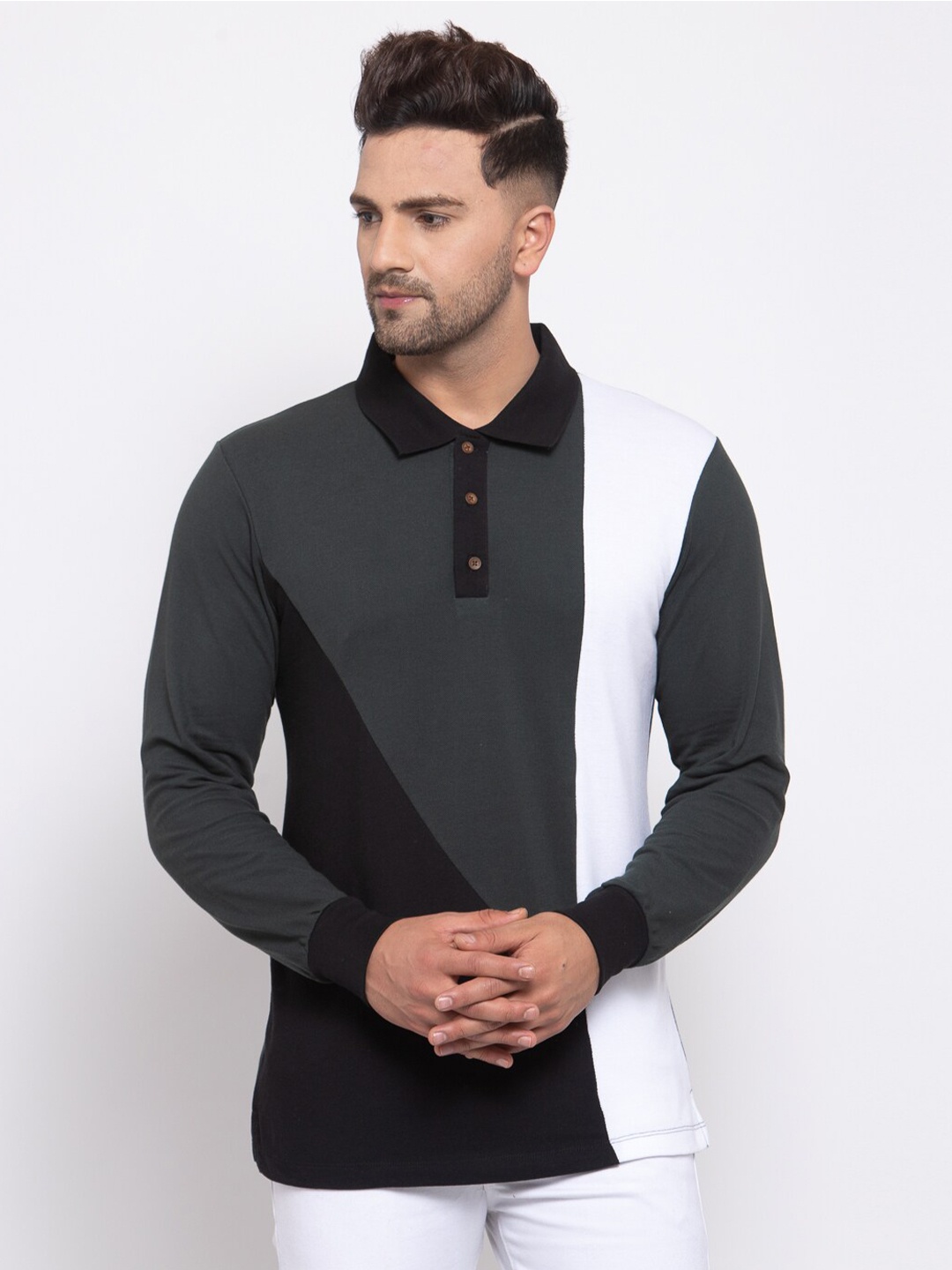 

Kalt Men Black & Grey Colourblocked Polo Collar T-shirt