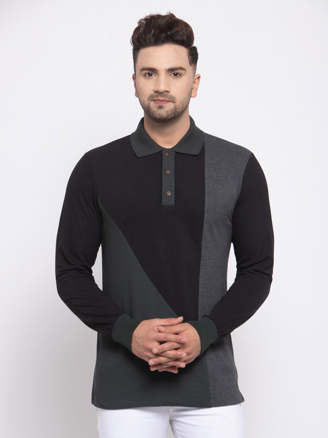 

Kalt Men Cotton Colourblocked Polo Collar T-shirt, Black