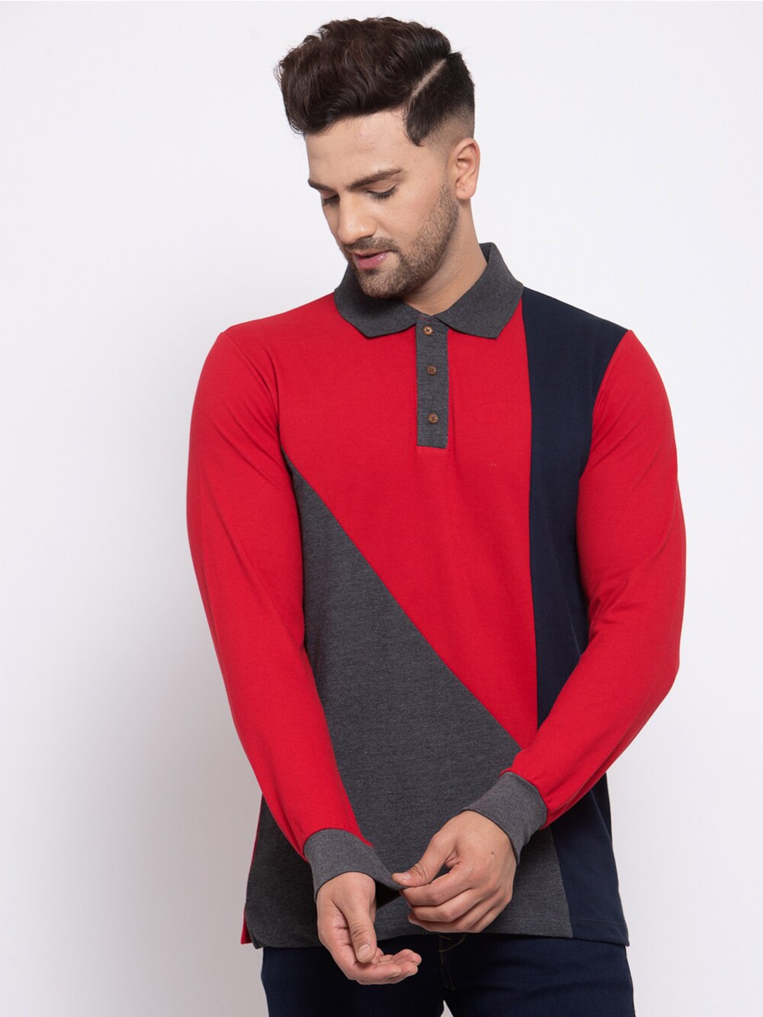 

Kalt Men Colourblocked Polo Collar Applique T-shirt, Red