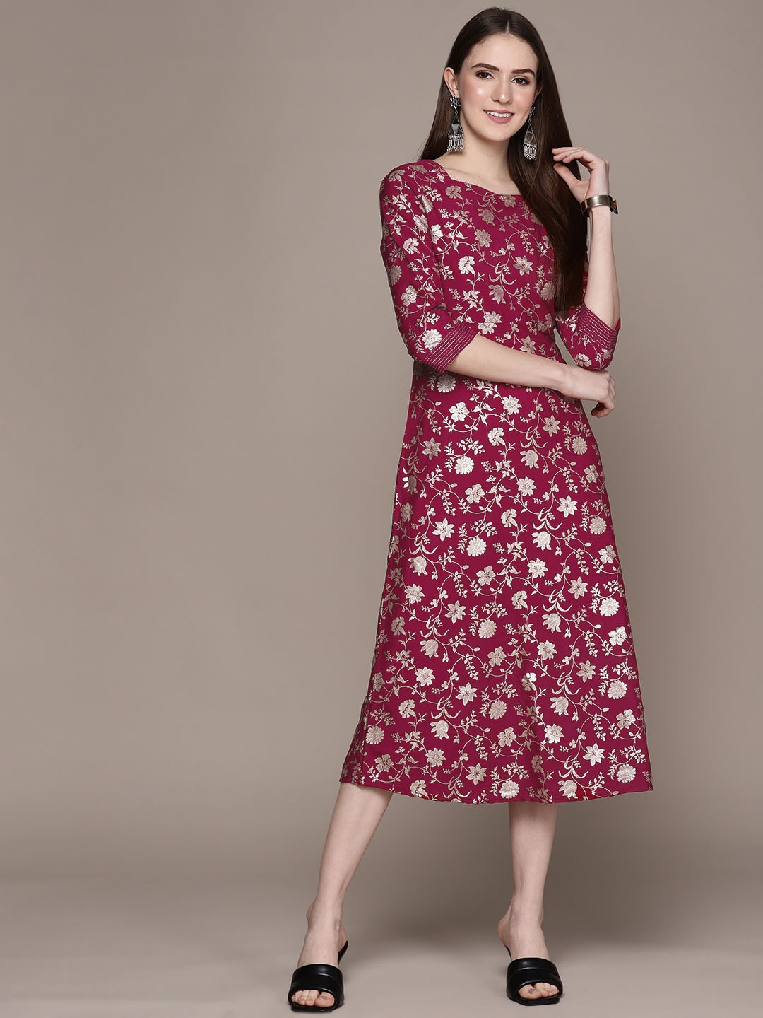 

ZIYAA Floral Crepe Ethnic Midi Ethnic Dress, Magenta