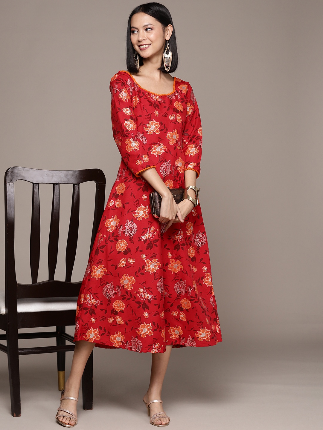 

ZIYAA Floral Ethnic Midi Ethnic Dress With Pom-Pom Detail, Red