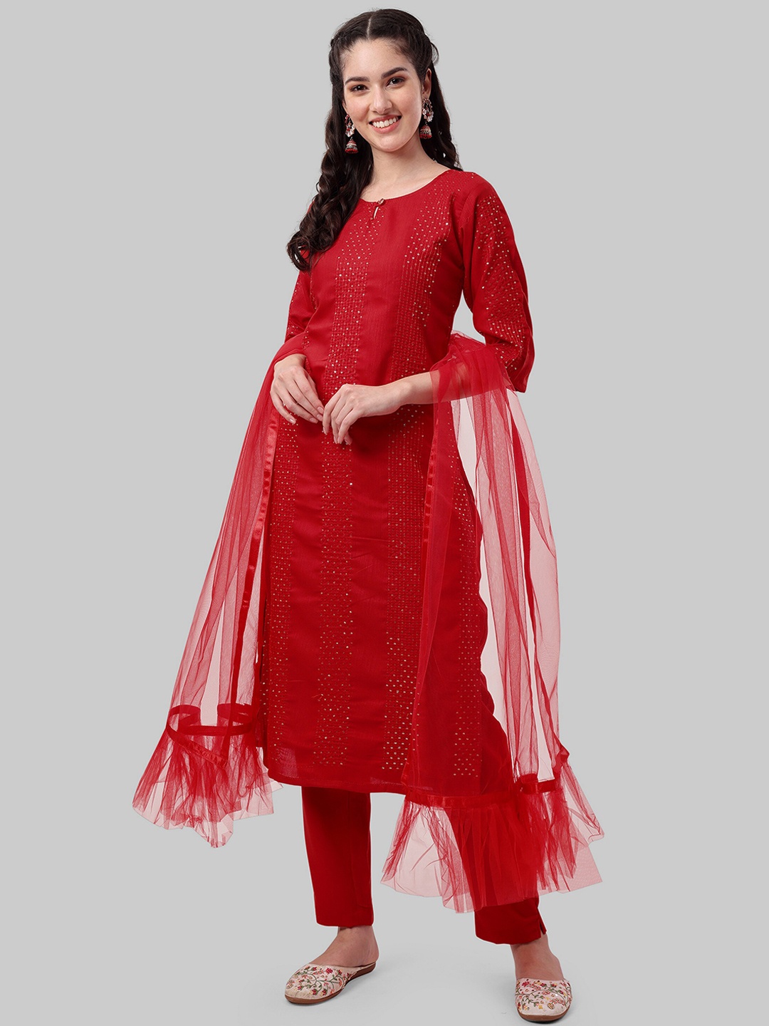 

ASPORA Women Sequinned Kurta with Trousers & Dupatta, Red