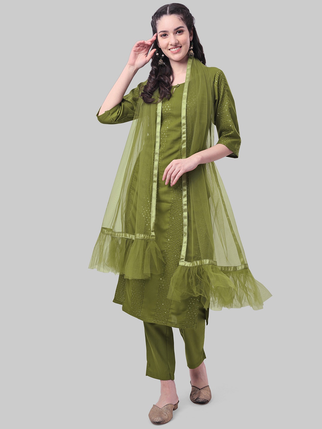 

ASPORA Women Sequinned Keyhole Neck Kurta with Trousers & Dupatta, Green