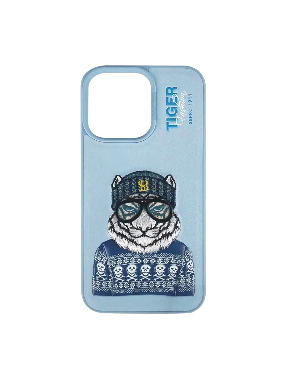 

TREEMODA Tiger Printed Leather Apple iPhone 14 Pro Phone Back Case, Blue