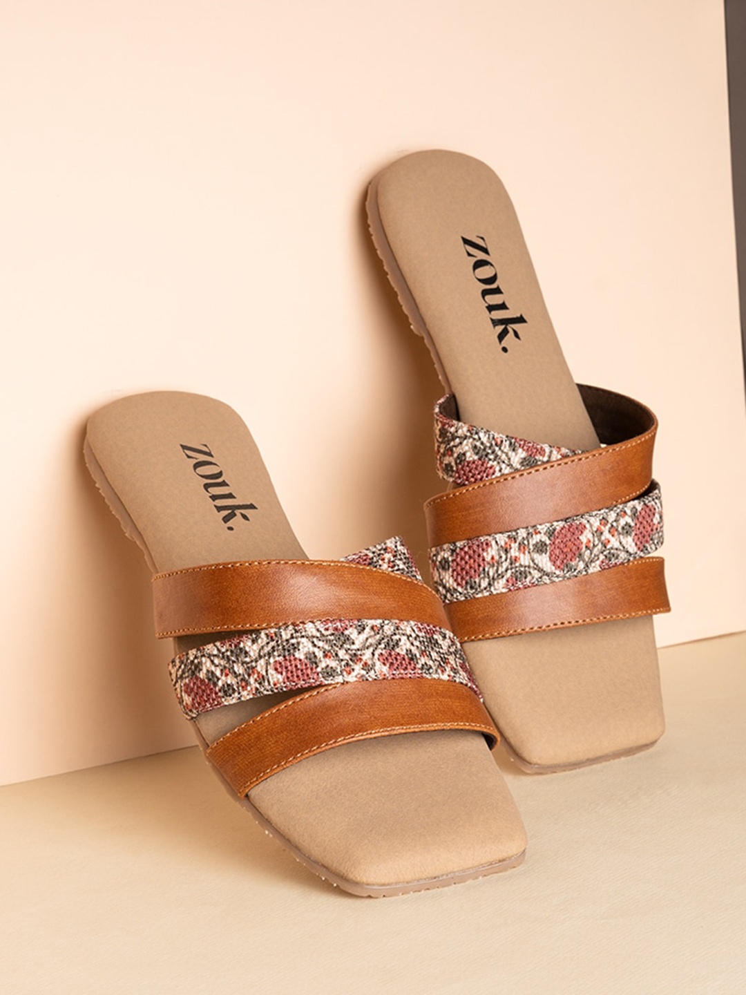 

ZOUK Women Printed Open Square Toe Flats, Brown