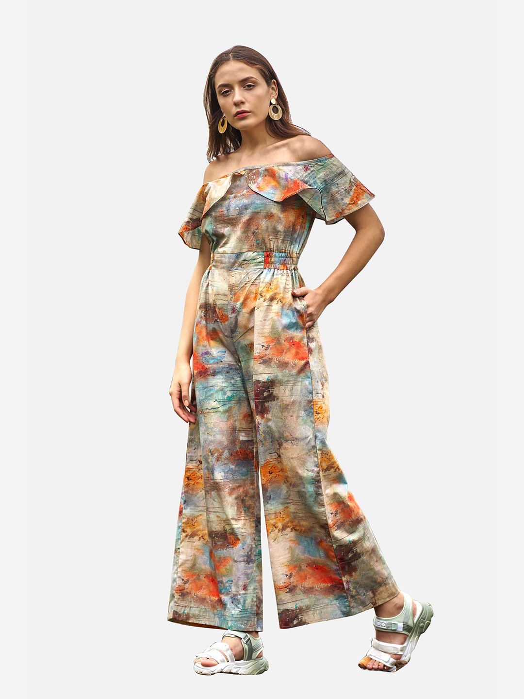 

NEOFAA Women Off-Shoulder Printed Cotton Basic Jumpsuit, Brown