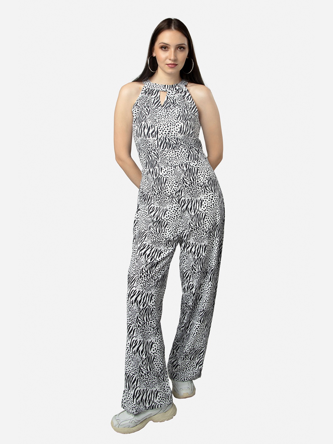 

NEOFAA Halter Neck Printed Basic Jumpsuit, White