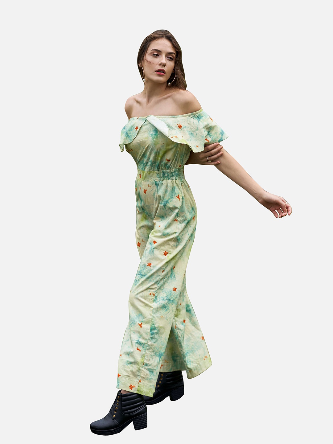 

NEOFAA Women Off-Shoulder Printed Cotton Basic Jumpsuit with Ruffles, Sea green