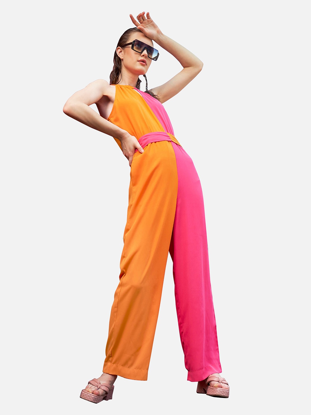 

NEOFAA Women Halter Neck Colourblocked Basic Jumpsuit, Orange