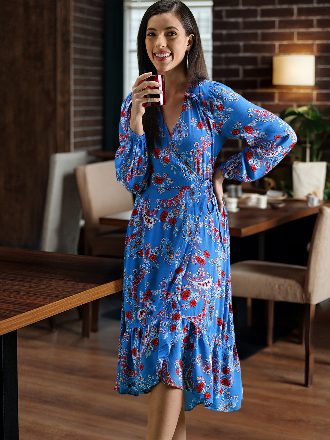 

Marks & Spencer Floral Printed Midi Wrap Dress, Blue