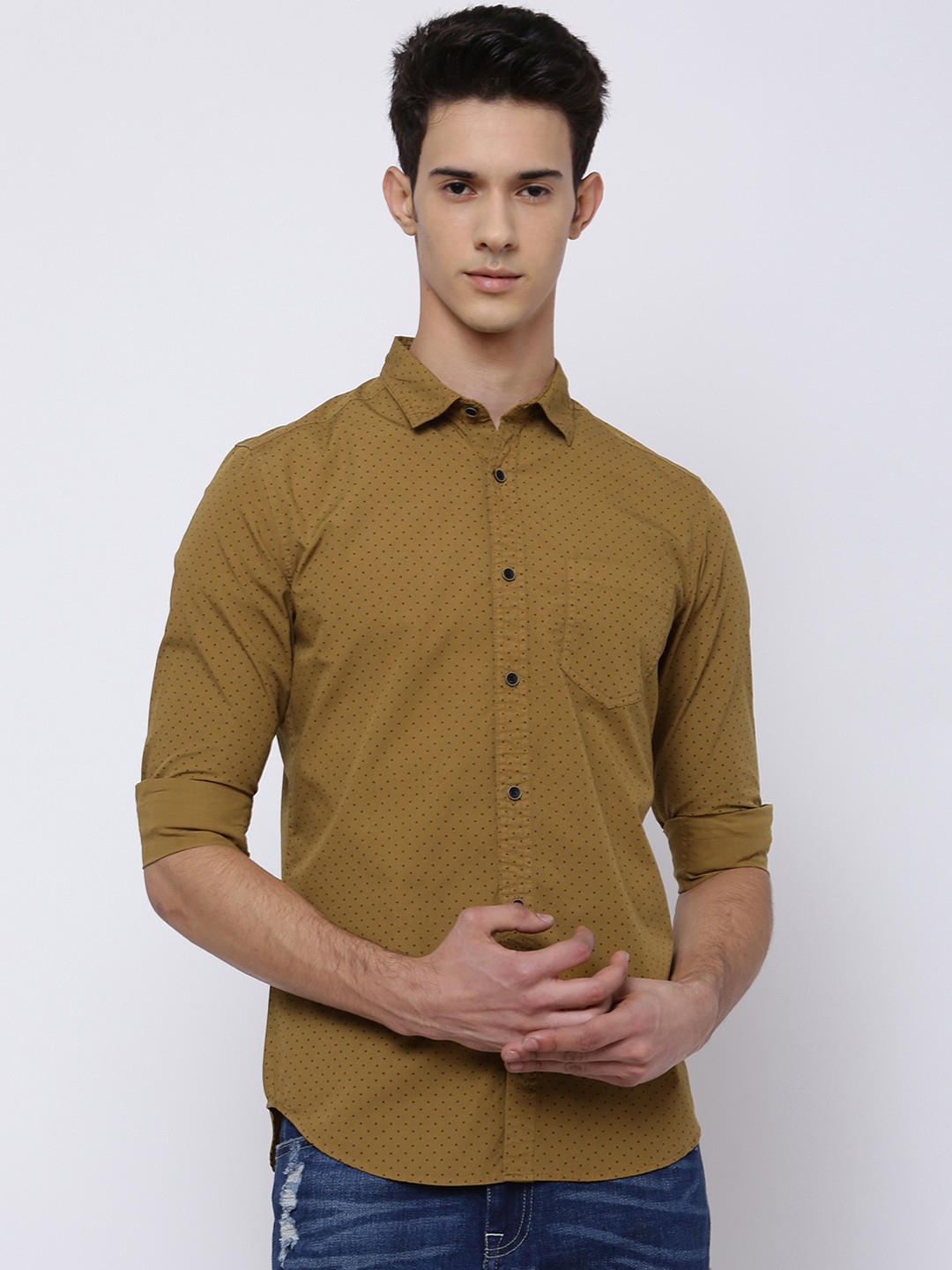 

LOCOMOTIVE Men Khaki Printed Slim Fit Solid Casual Shirt