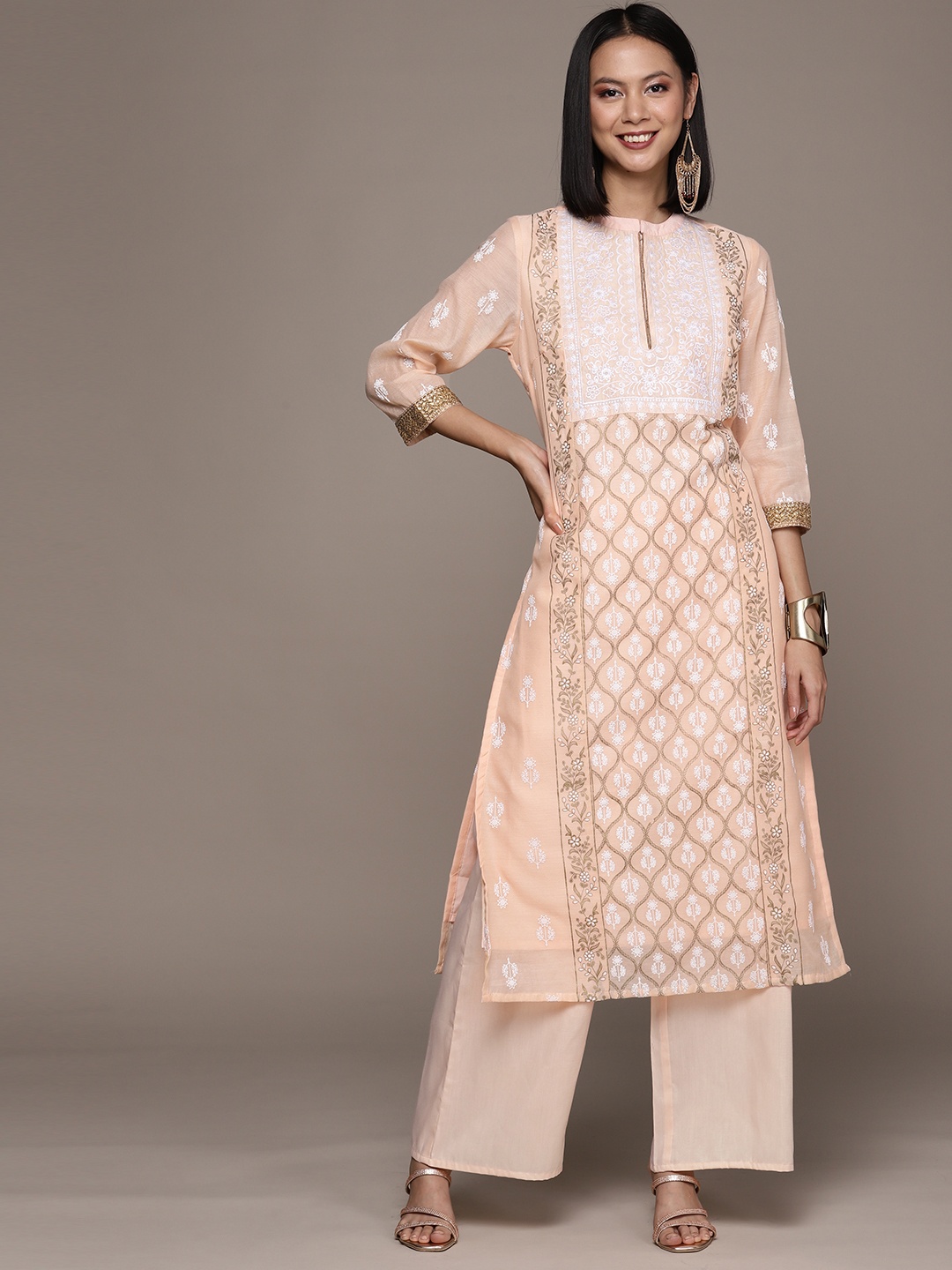 

ZIYAA Women Floral Embroidered Thread Work Kurta with Palazzos, Peach