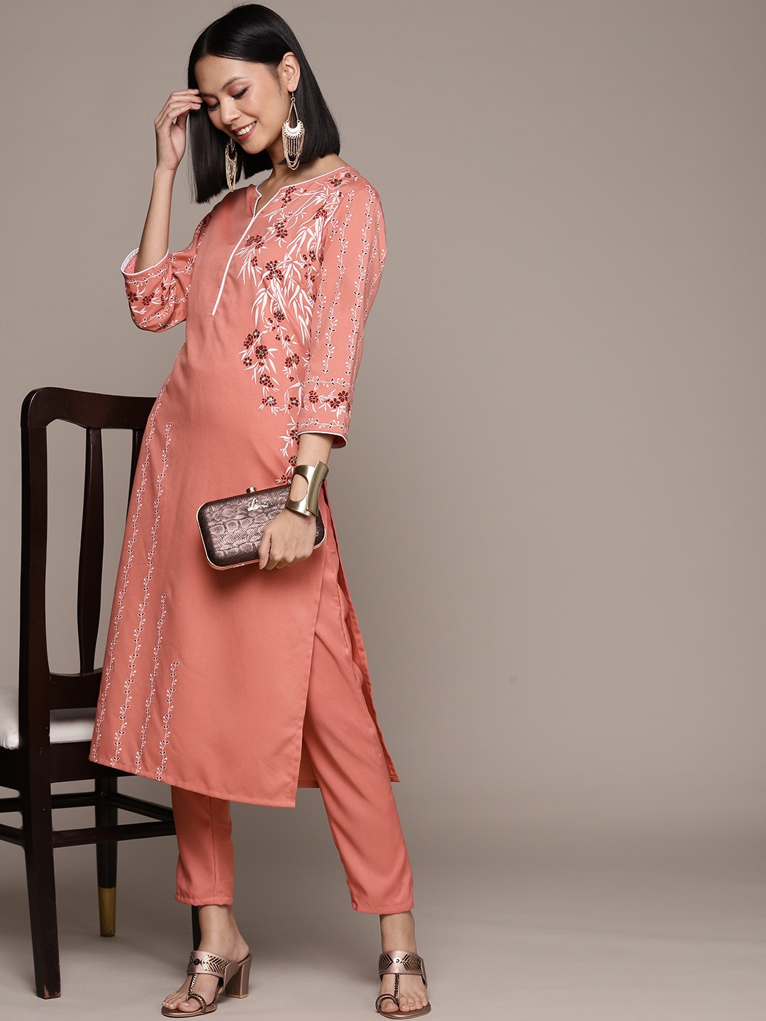 

ZIYAA Women Floral Embroidered Thread Work Kurta with Trousers, Peach