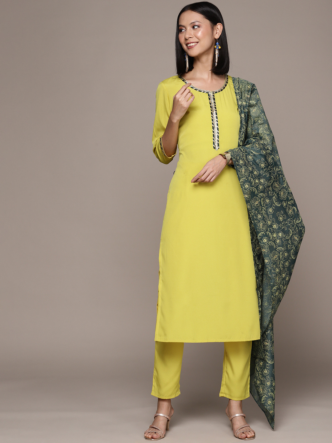

ZIYAA Women Kurta with Trousers & With Dupatta, Yellow