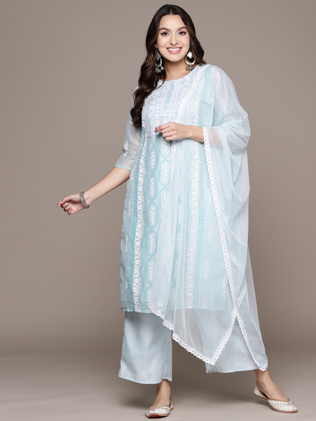 

ZIYAA Women Floral Embroidered Thread Work Chanderi Kurta With Palazzos & Dupatta, Blue