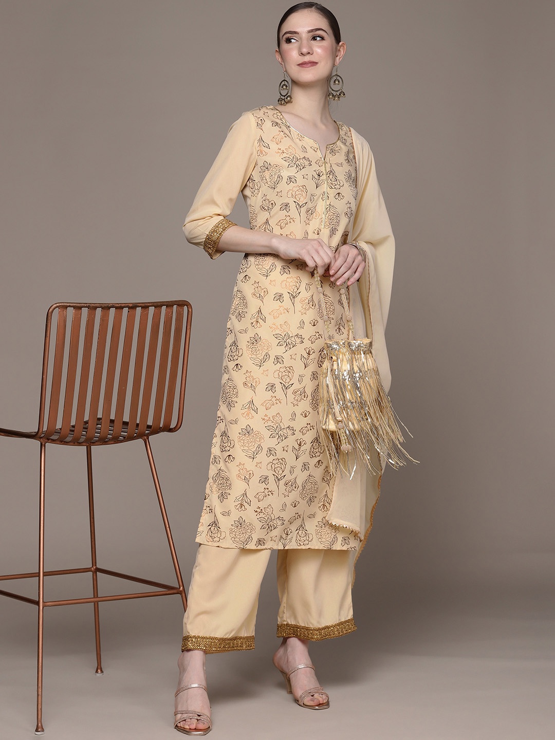 

ZIYAA Women Floral Printed Kurta with Palazzos & With Dupatta, Cream