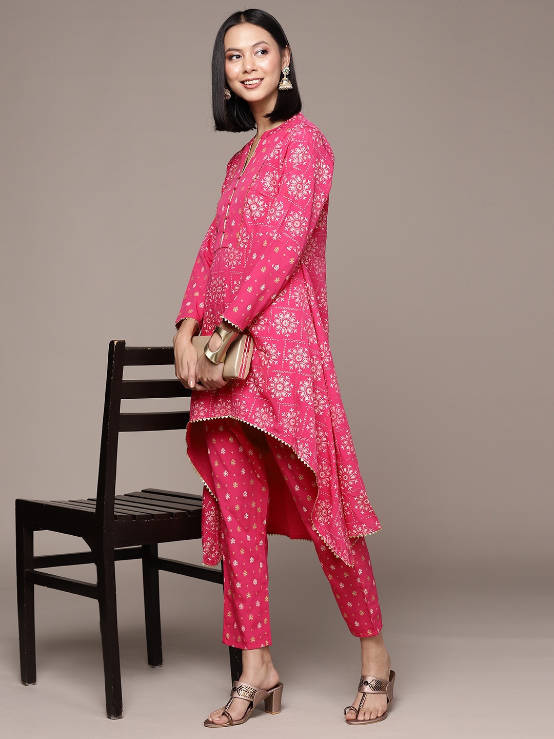 

ZIYAA Women Pink Ethnic Motifs Printed Gotta Patti Kurta with Trousers