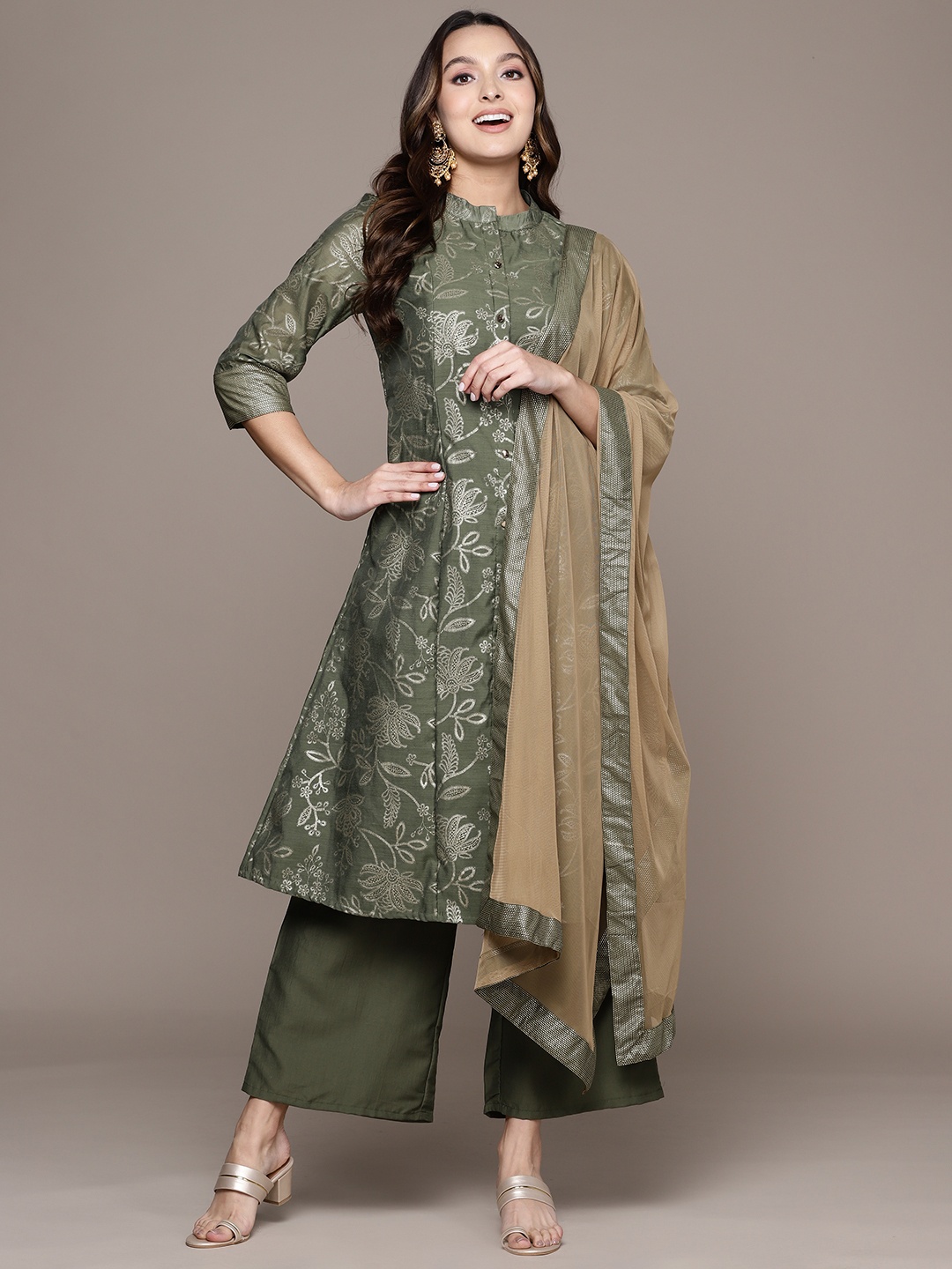 

ZIYAA Women Floral Printed Panelled Kurta with Palazzos & Dupatta, Green