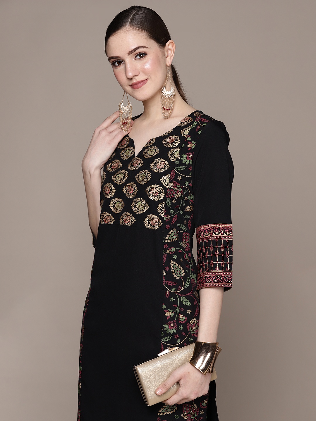 

ZIYAA Women Ethnic Motifs Panelled Kurta with Trousers, Black